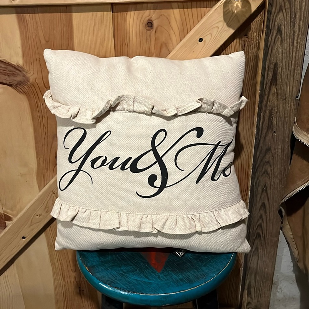 Borgata You & Me canvas throw pillow with a black lettering